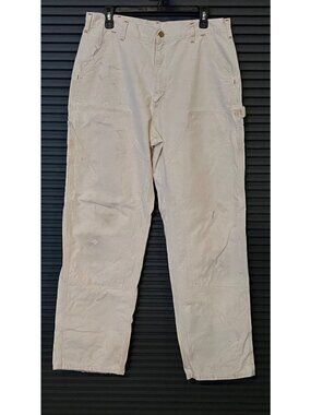 Vintage Carhartt Mens 34x34 White Canvas Double Knee Work Pants Made In USA